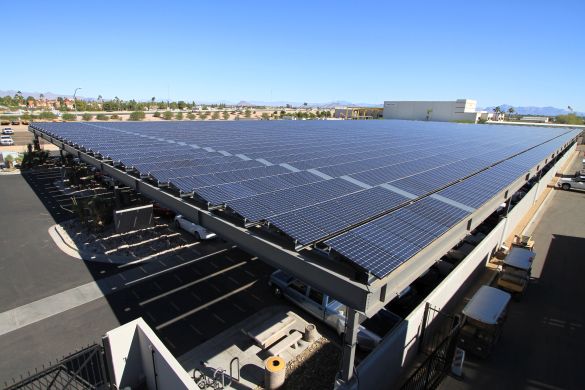 A large rooftop solar panel installation on a commercial building.